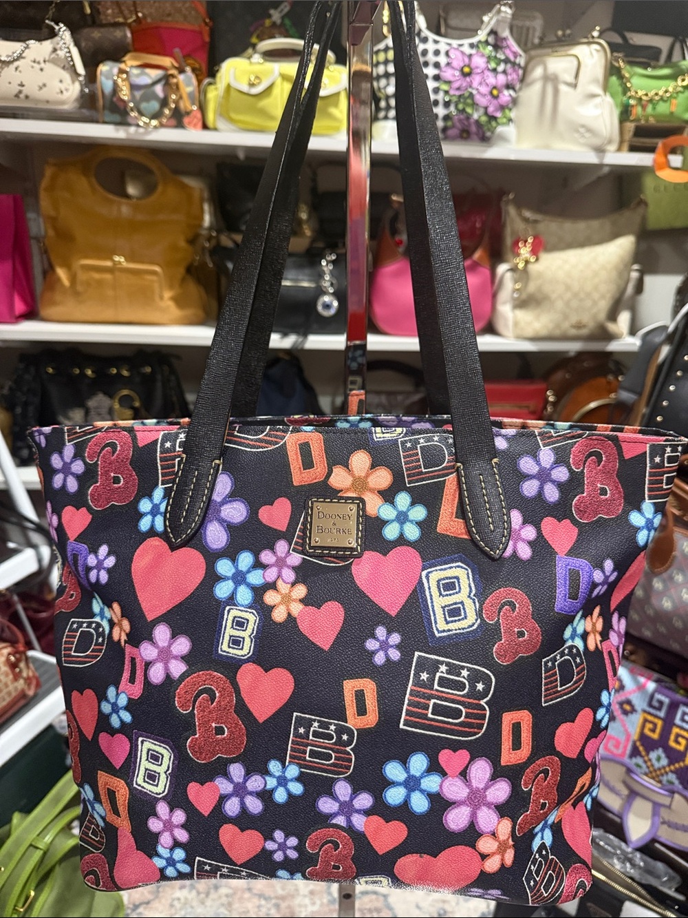 Dooney & Bourke Black Tote with Pink Hearts & Multicolor Floral Print